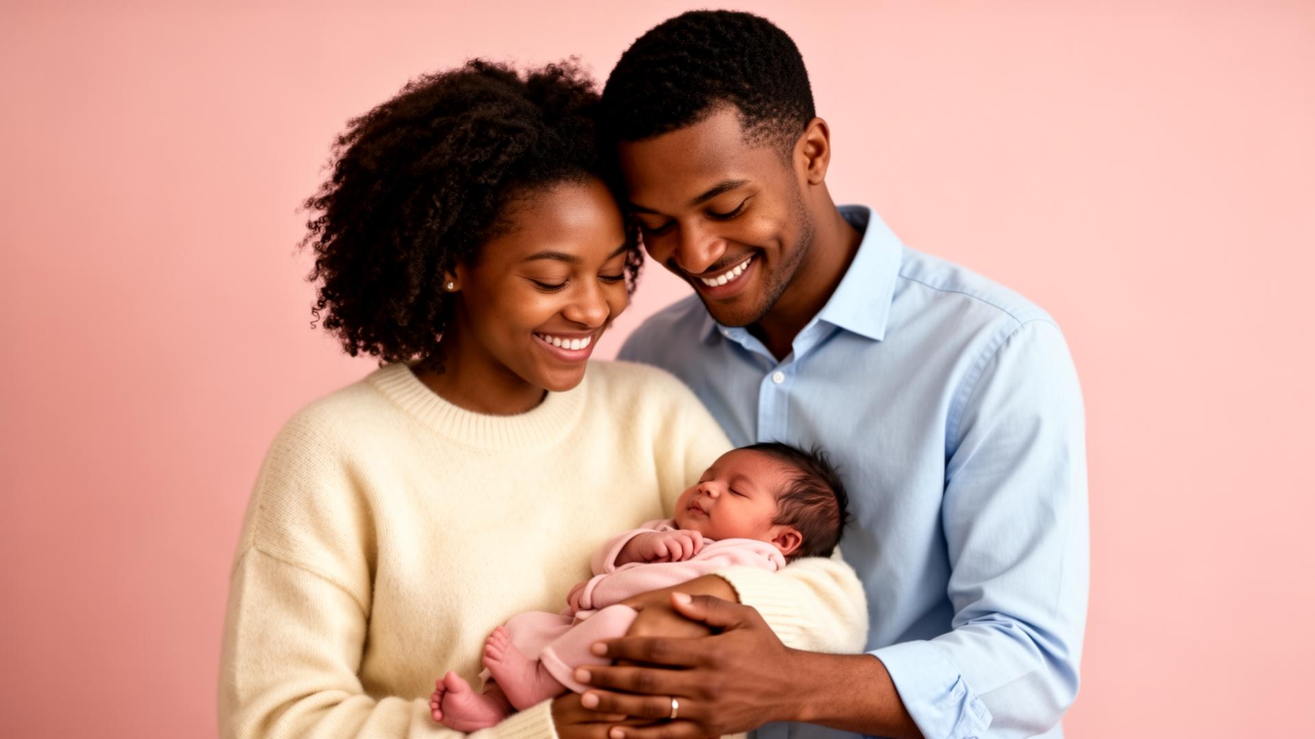 Happy couple lovingly holding their newborn baby